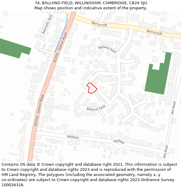 74, BALLAND FIELD, WILLINGHAM, CAMBRIDGE, CB24 5JU: Location map and indicative extent of plot