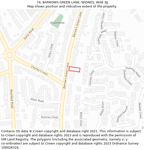 74, BARROWS GREEN LANE, WIDNES, WA8 3JJ: Location map and indicative extent of plot