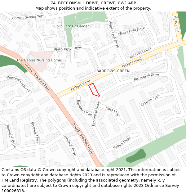 74, BECCONSALL DRIVE, CREWE, CW1 4RP: Location map and indicative extent of plot