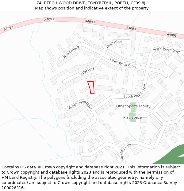 74, BEECH WOOD DRIVE, TONYREFAIL, PORTH, CF39 8JL: Location map and indicative extent of plot