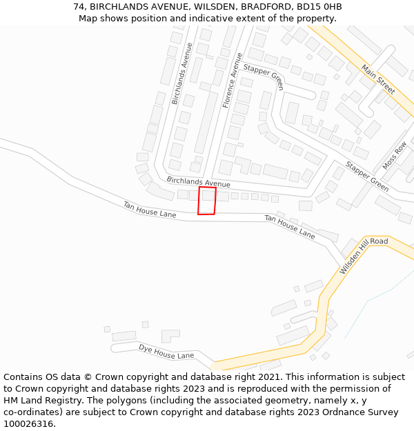 74, BIRCHLANDS AVENUE, WILSDEN, BRADFORD, BD15 0HB: Location map and indicative extent of plot