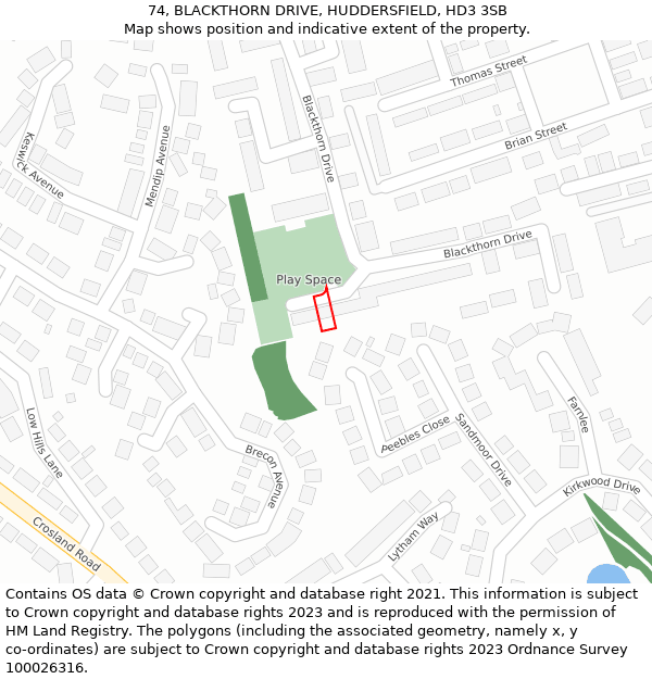 74, BLACKTHORN DRIVE, HUDDERSFIELD, HD3 3SB: Location map and indicative extent of plot