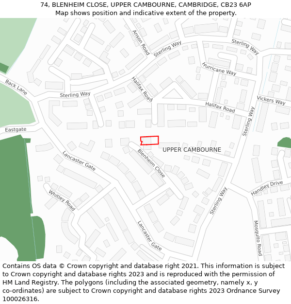 74, BLENHEIM CLOSE, UPPER CAMBOURNE, CAMBRIDGE, CB23 6AP: Location map and indicative extent of plot