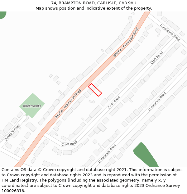 74, BRAMPTON ROAD, CARLISLE, CA3 9AU: Location map and indicative extent of plot