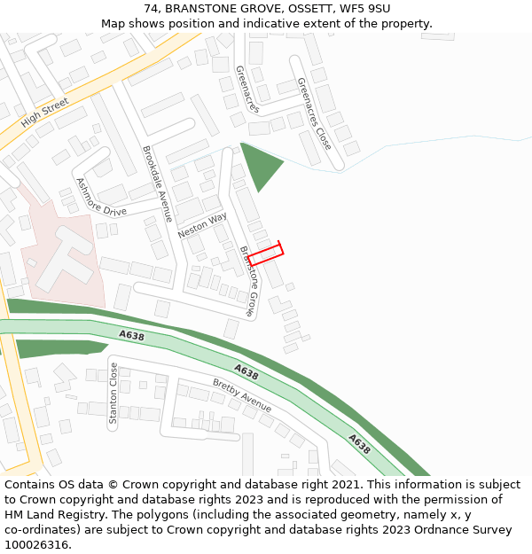 74, BRANSTONE GROVE, OSSETT, WF5 9SU: Location map and indicative extent of plot