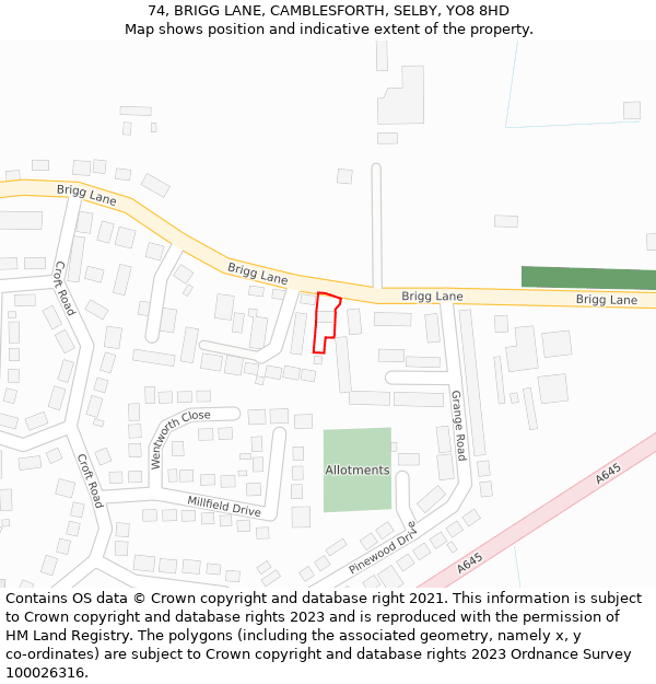 74, BRIGG LANE, CAMBLESFORTH, SELBY, YO8 8HD: Location map and indicative extent of plot