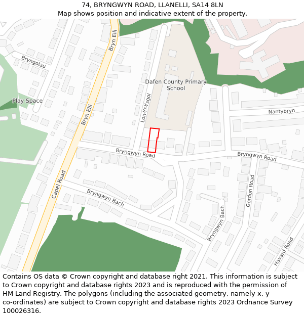 74, BRYNGWYN ROAD, LLANELLI, SA14 8LN: Location map and indicative extent of plot