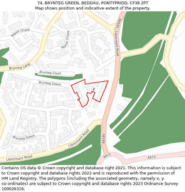 74, BRYNTEG GREEN, BEDDAU, PONTYPRIDD, CF38 2PT: Location map and indicative extent of plot