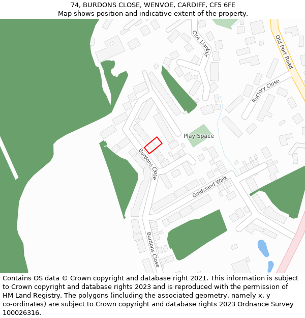 74, BURDONS CLOSE, WENVOE, CARDIFF, CF5 6FE: Location map and indicative extent of plot