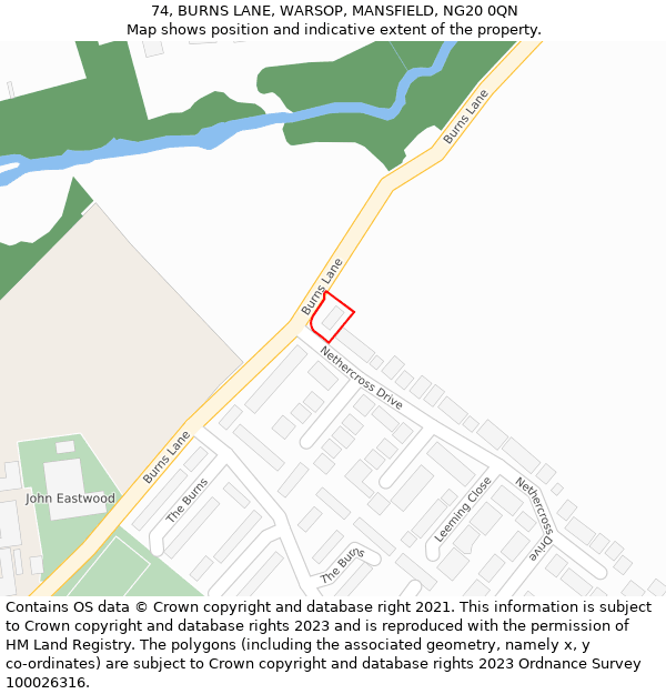 74, BURNS LANE, WARSOP, MANSFIELD, NG20 0QN: Location map and indicative extent of plot