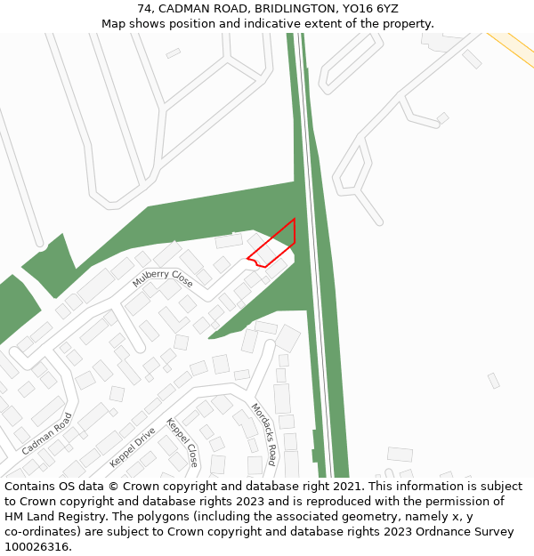 74, CADMAN ROAD, BRIDLINGTON, YO16 6YZ: Location map and indicative extent of plot