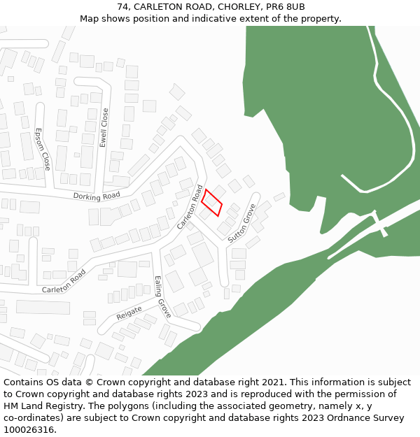 74, CARLETON ROAD, CHORLEY, PR6 8UB: Location map and indicative extent of plot