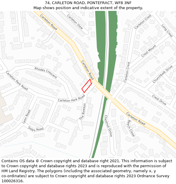 74, CARLETON ROAD, PONTEFRACT, WF8 3NF: Location map and indicative extent of plot