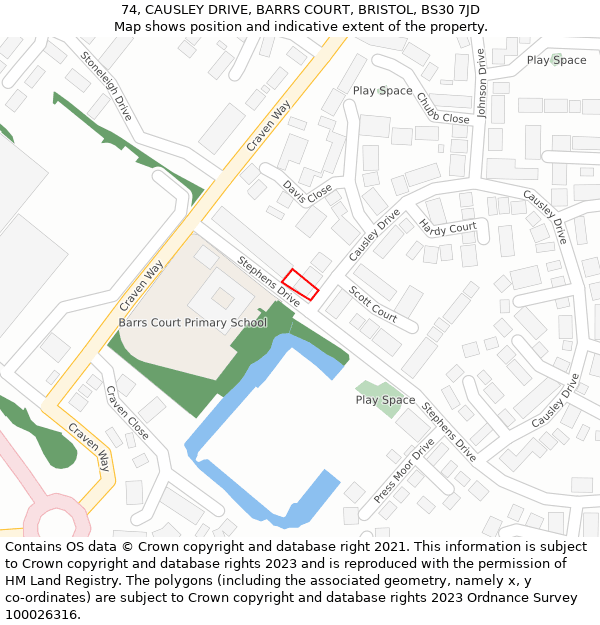 74, CAUSLEY DRIVE, BARRS COURT, BRISTOL, BS30 7JD: Location map and indicative extent of plot