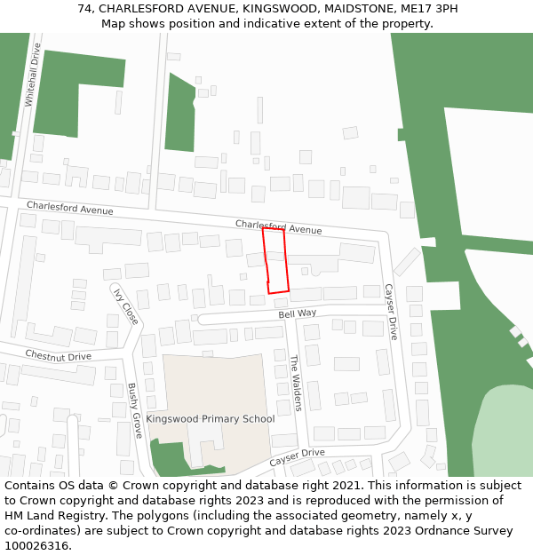 74, CHARLESFORD AVENUE, KINGSWOOD, MAIDSTONE, ME17 3PH: Location map and indicative extent of plot