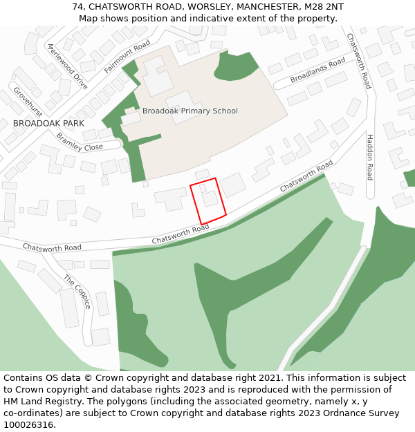 74, CHATSWORTH ROAD, WORSLEY, MANCHESTER, M28 2NT: Location map and indicative extent of plot