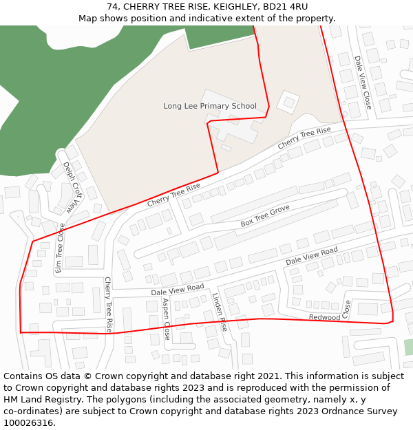 74, CHERRY TREE RISE, KEIGHLEY, BD21 4RU: Location map and indicative extent of plot