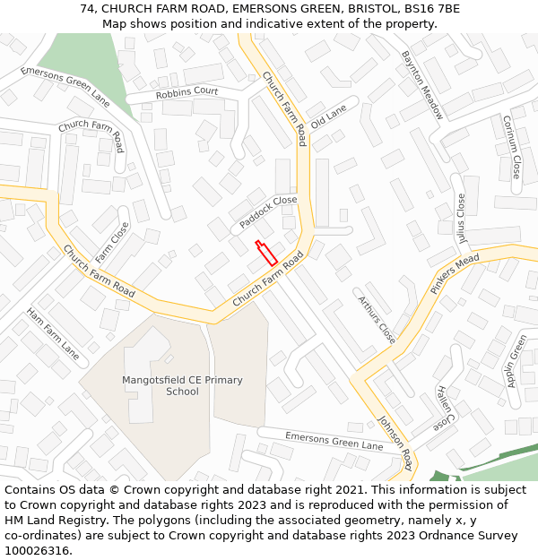 74, CHURCH FARM ROAD, EMERSONS GREEN, BRISTOL, BS16 7BE: Location map and indicative extent of plot
