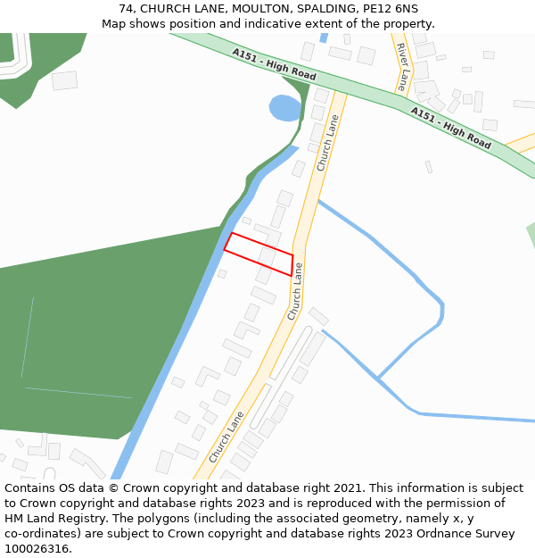 74, CHURCH LANE, MOULTON, SPALDING, PE12 6NS: Location map and indicative extent of plot