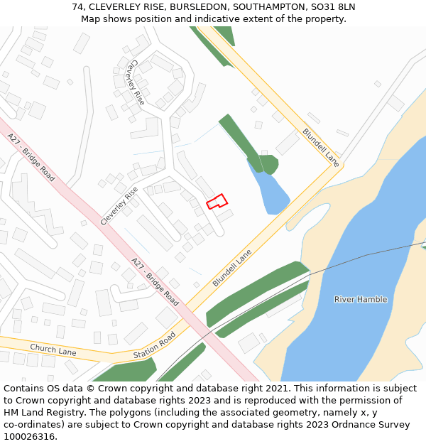 74, CLEVERLEY RISE, BURSLEDON, SOUTHAMPTON, SO31 8LN: Location map and indicative extent of plot