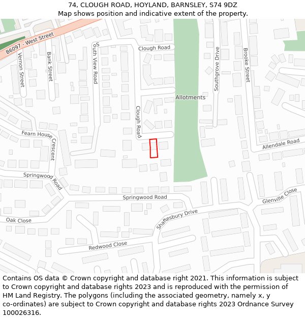 74, CLOUGH ROAD, HOYLAND, BARNSLEY, S74 9DZ: Location map and indicative extent of plot