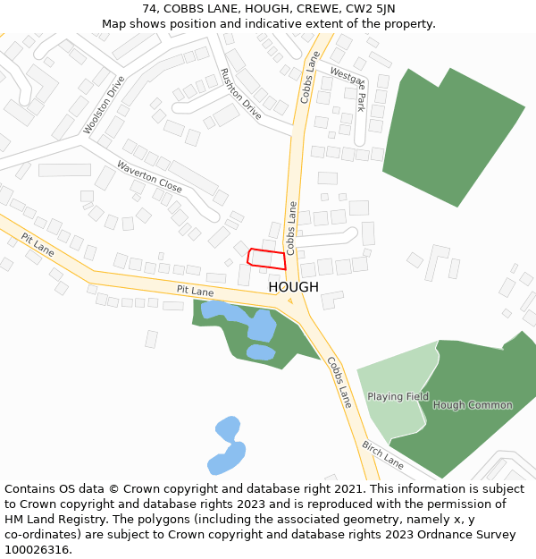 74, COBBS LANE, HOUGH, CREWE, CW2 5JN: Location map and indicative extent of plot