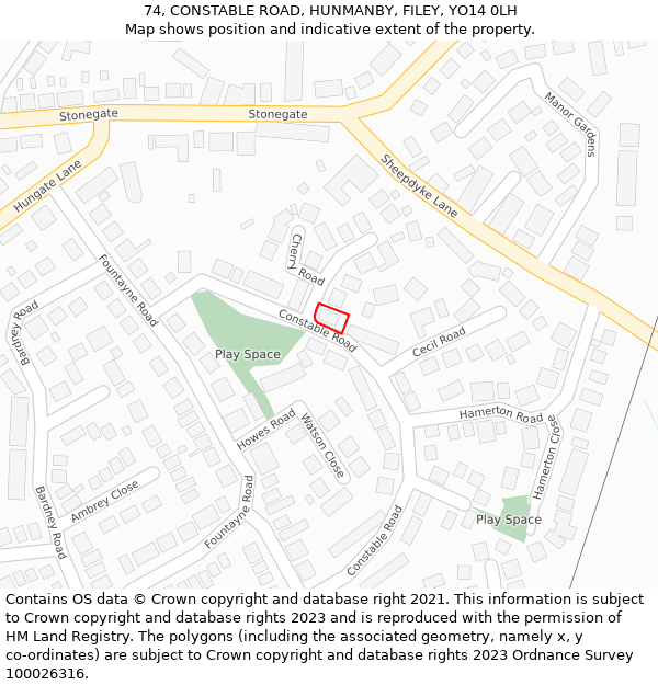 74, CONSTABLE ROAD, HUNMANBY, FILEY, YO14 0LH: Location map and indicative extent of plot