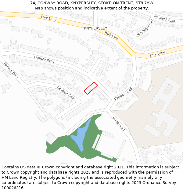 74, CONWAY ROAD, KNYPERSLEY, STOKE-ON-TRENT, ST8 7AW: Location map and indicative extent of plot