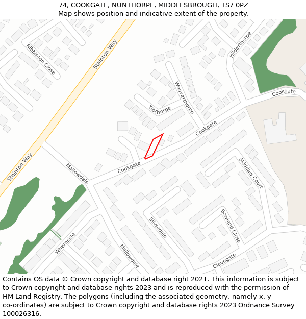 74, COOKGATE, NUNTHORPE, MIDDLESBROUGH, TS7 0PZ: Location map and indicative extent of plot