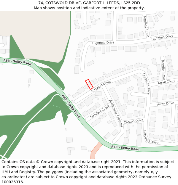 74, COTSWOLD DRIVE, GARFORTH, LEEDS, LS25 2DD: Location map and indicative extent of plot