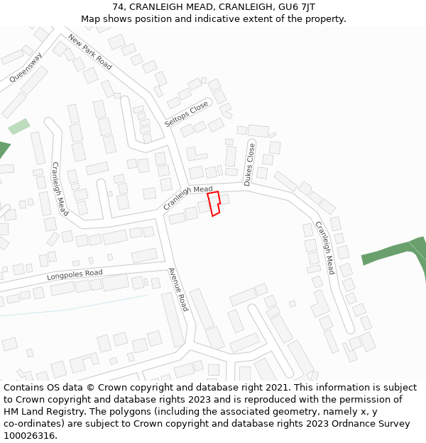 74, CRANLEIGH MEAD, CRANLEIGH, GU6 7JT: Location map and indicative extent of plot