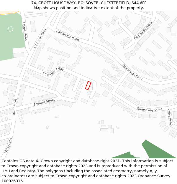 74, CROFT HOUSE WAY, BOLSOVER, CHESTERFIELD, S44 6FF: Location map and indicative extent of plot