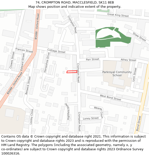 74, CROMPTON ROAD, MACCLESFIELD, SK11 8EB: Location map and indicative extent of plot