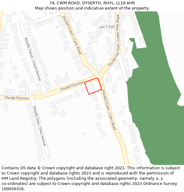 74, CWM ROAD, DYSERTH, RHYL, LL18 6HR: Location map and indicative extent of plot