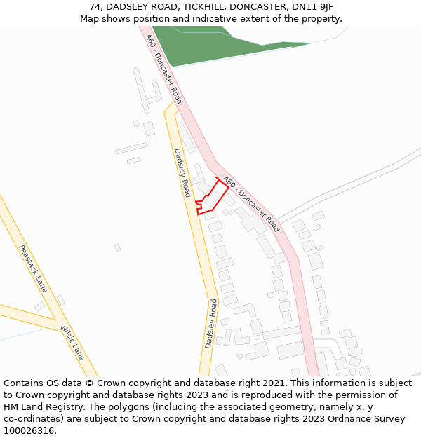 74, DADSLEY ROAD, TICKHILL, DONCASTER, DN11 9JF: Location map and indicative extent of plot