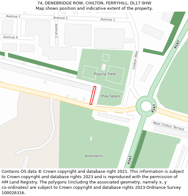 74, DENEBRIDGE ROW, CHILTON, FERRYHILL, DL17 0HW: Location map and indicative extent of plot