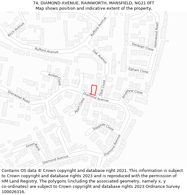 74, DIAMOND AVENUE, RAINWORTH, MANSFIELD, NG21 0FT: Location map and indicative extent of plot