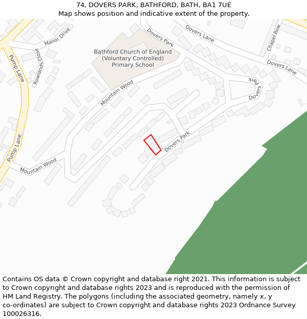 74, DOVERS PARK, BATHFORD, BATH, BA1 7UE: Location map and indicative extent of plot