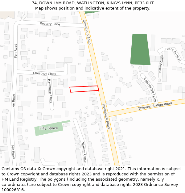 74, DOWNHAM ROAD, WATLINGTON, KING'S LYNN, PE33 0HT: Location map and indicative extent of plot