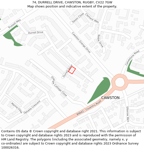 74, DURRELL DRIVE, CAWSTON, RUGBY, CV22 7GW: Location map and indicative extent of plot