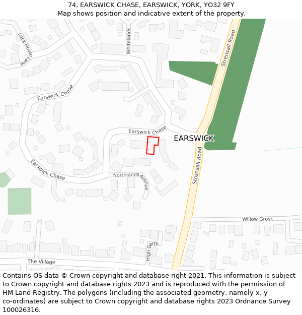 74, EARSWICK CHASE, EARSWICK, YORK, YO32 9FY: Location map and indicative extent of plot