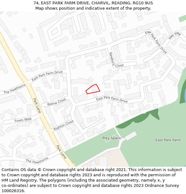 74, EAST PARK FARM DRIVE, CHARVIL, READING, RG10 9US: Location map and indicative extent of plot