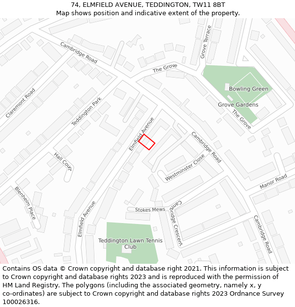 74, ELMFIELD AVENUE, TEDDINGTON, TW11 8BT: Location map and indicative extent of plot