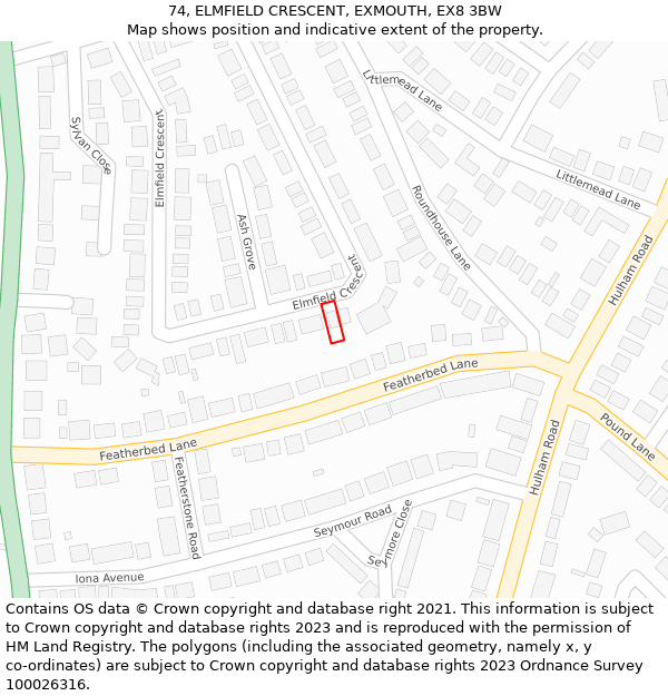 74, ELMFIELD CRESCENT, EXMOUTH, EX8 3BW: Location map and indicative extent of plot