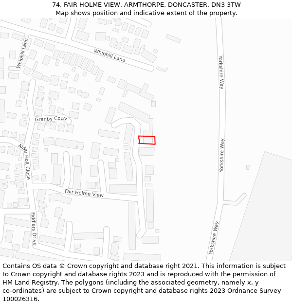 74, FAIR HOLME VIEW, ARMTHORPE, DONCASTER, DN3 3TW: Location map and indicative extent of plot