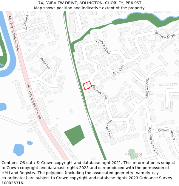 74, FAIRVIEW DRIVE, ADLINGTON, CHORLEY, PR6 9ST: Location map and indicative extent of plot