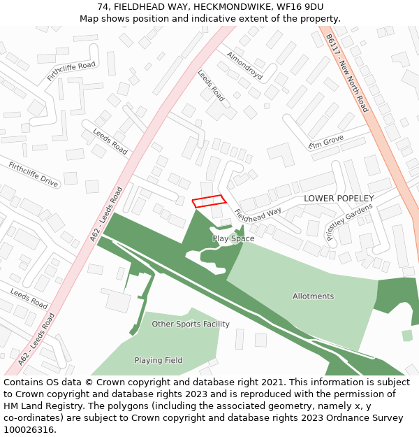 74, FIELDHEAD WAY, HECKMONDWIKE, WF16 9DU: Location map and indicative extent of plot