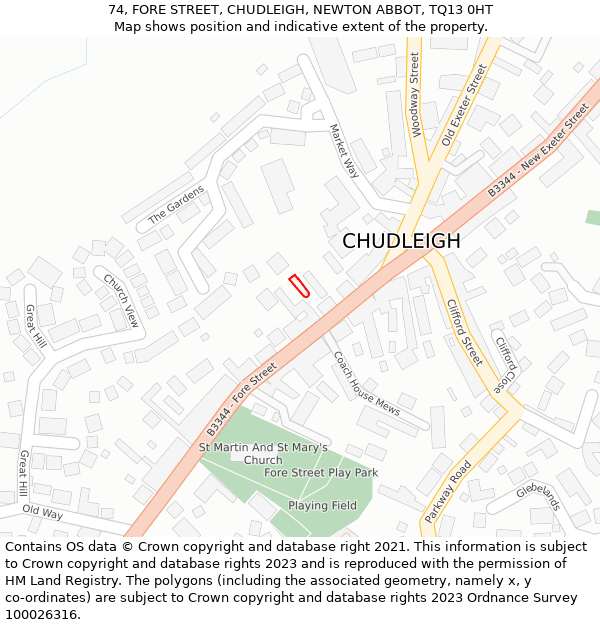 74, FORE STREET, CHUDLEIGH, NEWTON ABBOT, TQ13 0HT: Location map and indicative extent of plot