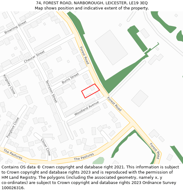 74, FOREST ROAD, NARBOROUGH, LEICESTER, LE19 3EQ: Location map and indicative extent of plot