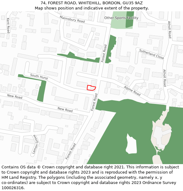 74, FOREST ROAD, WHITEHILL, BORDON, GU35 9AZ: Location map and indicative extent of plot